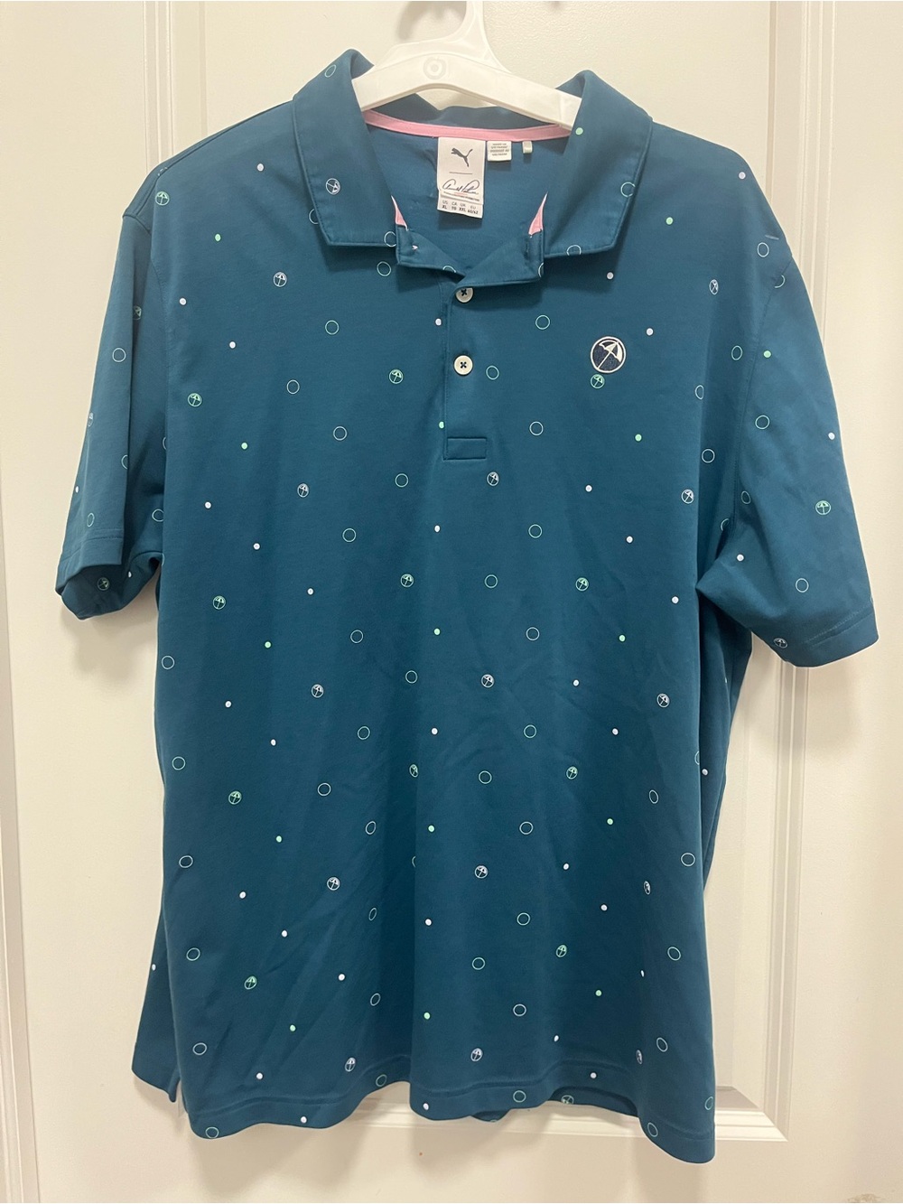 PUMA Arnold Palmer Golf Collab Mens xL Dark Teal with Umbrellas Polo Shirt